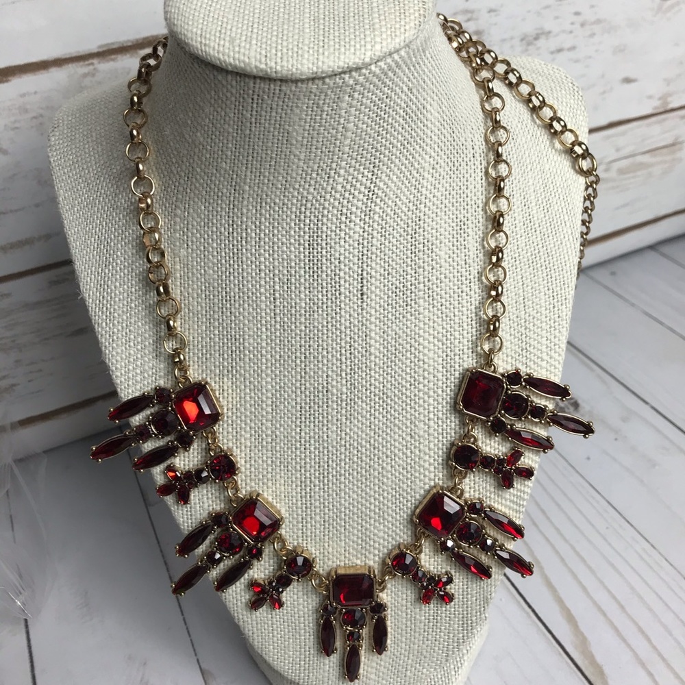 IMAN Red Crystal Fan Cluster Statement Necklace